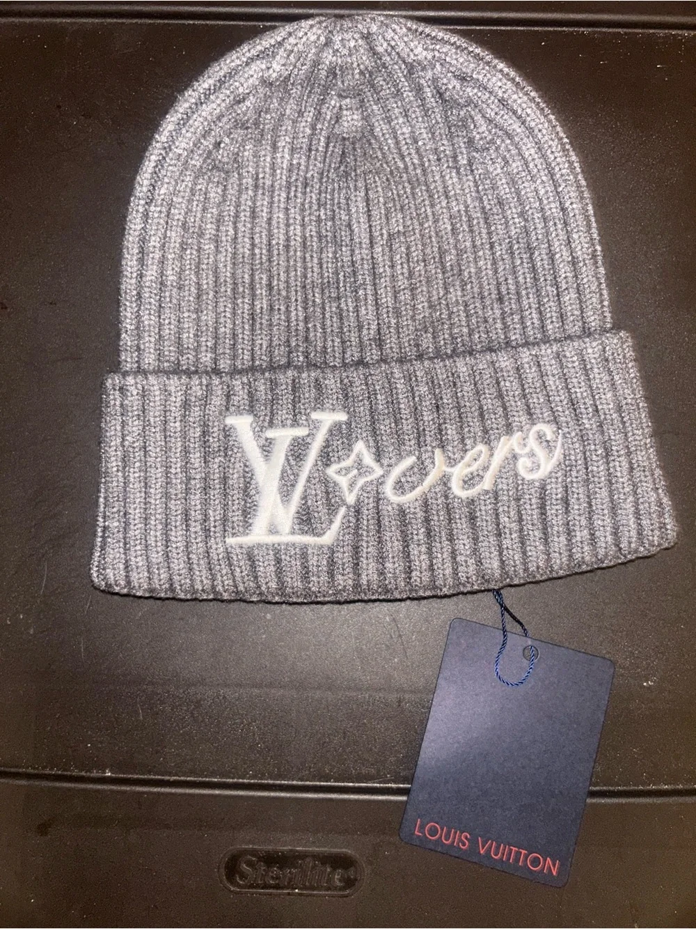 Louis Vuitton Charcoal Gray Ribbed Knit Beanie with LV Embroidery
